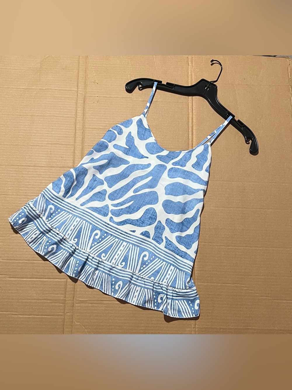 Tina Stephens Made In Italy Blue White Print Ruffle Hem Cami Tank Top S